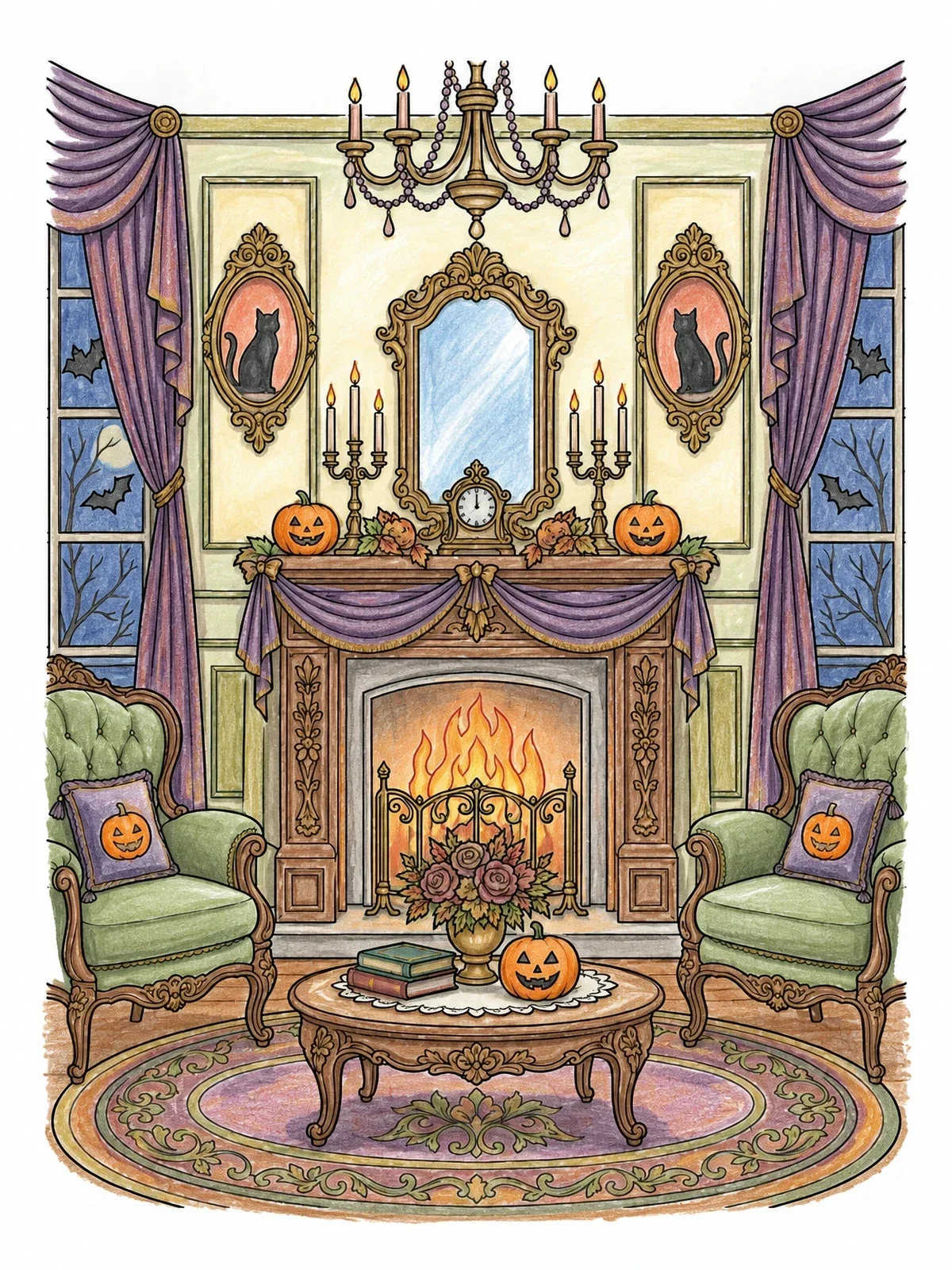 Colored example of the Victorian Parlor Halloween Decor coloring page