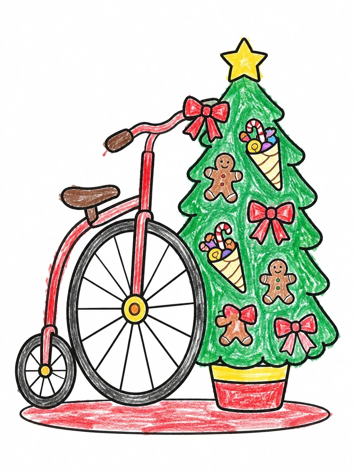 Colored example of the Penny Farthing Bicycle And Christmas Tree coloring page
