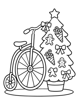 Free printable Penny Farthing Bicycle And Christmas Tree coloring page