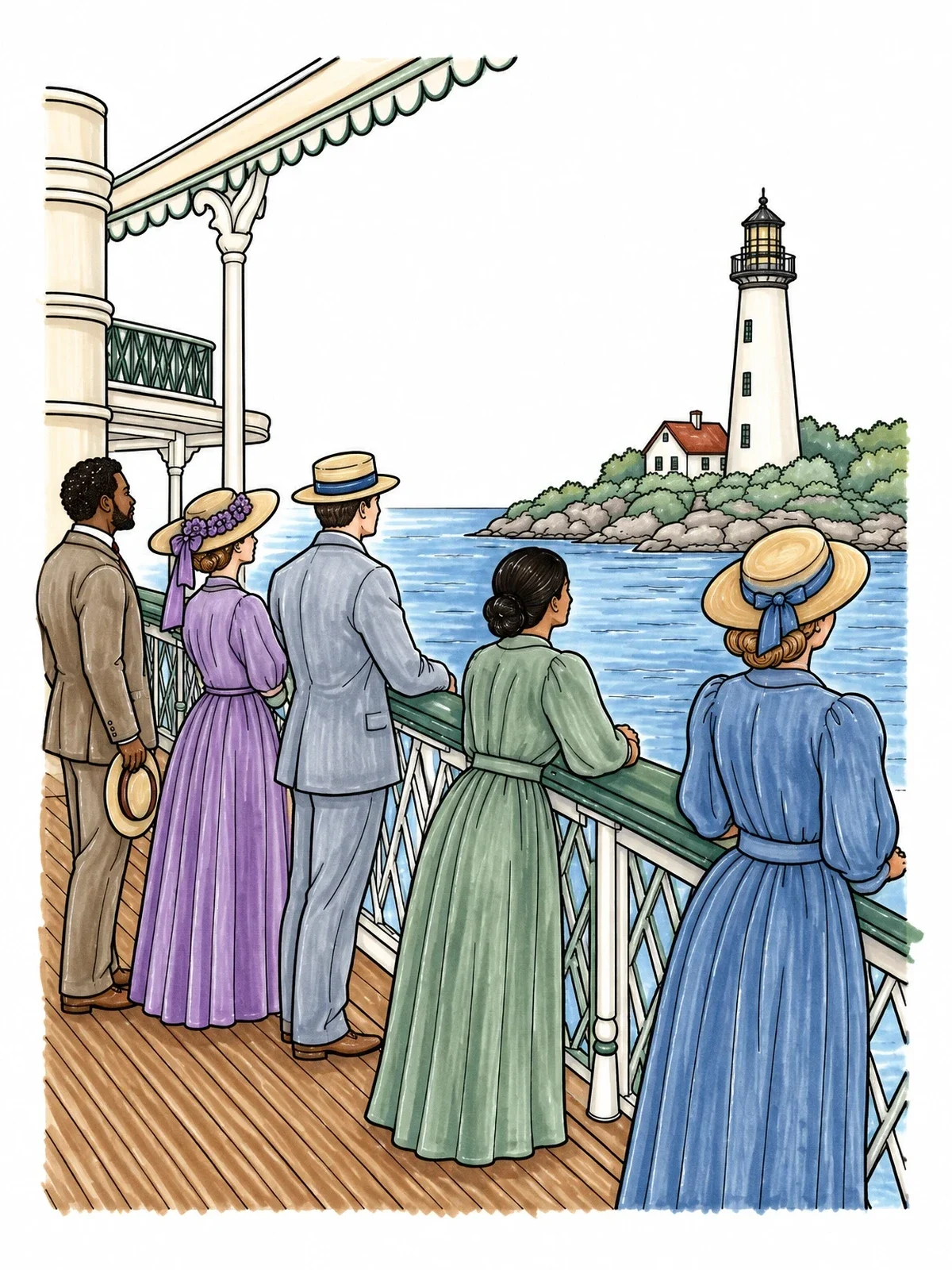 Colored example of the Victorian Passengers Watching Shoreline Lighthouse coloring page