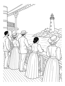 Well-dressed passengers on a steamboat coloring page gazing at a lighthouse on shore.