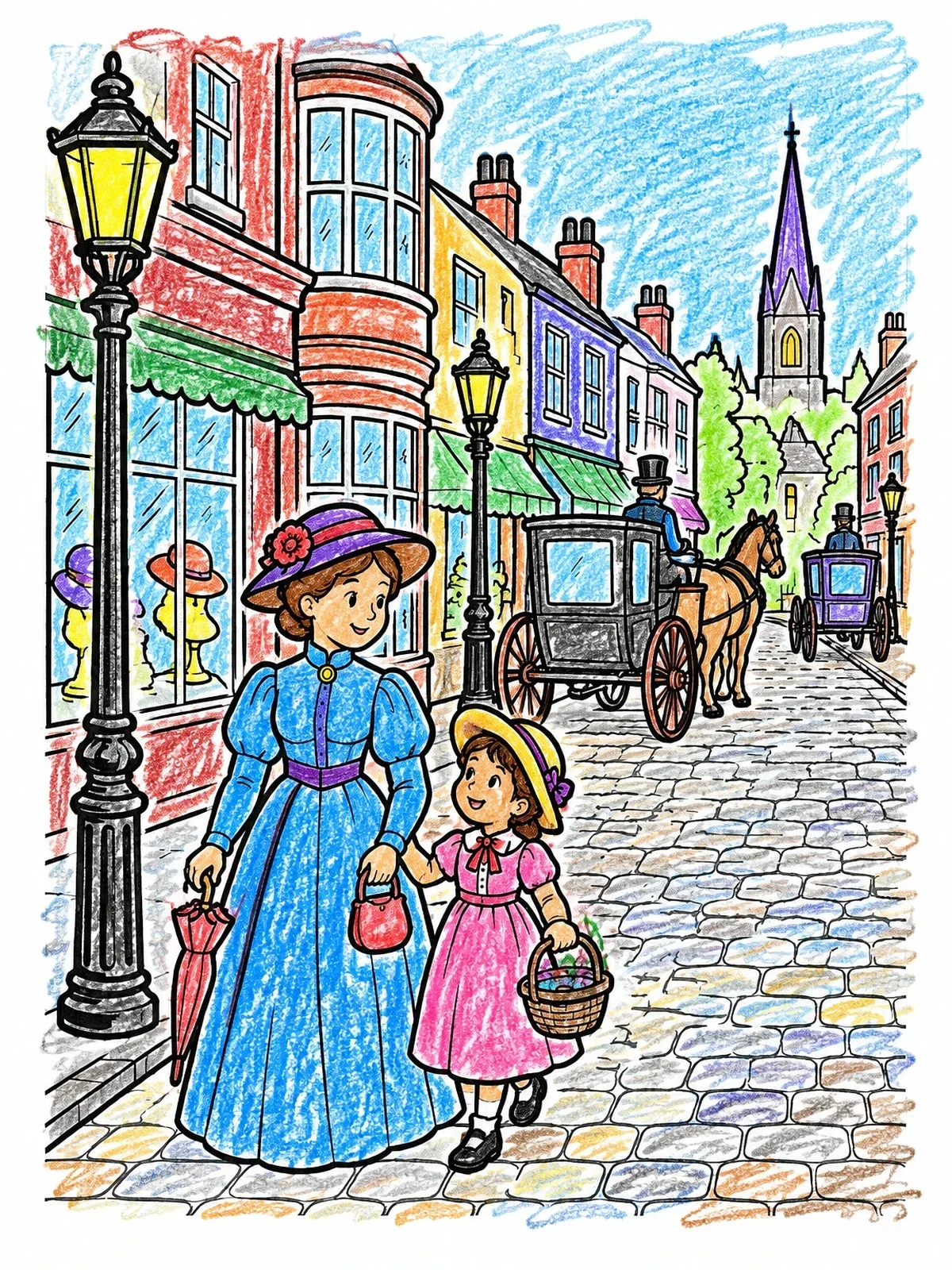 Colored example of the Victorian Street Stroll With Mother And Daughter coloring page