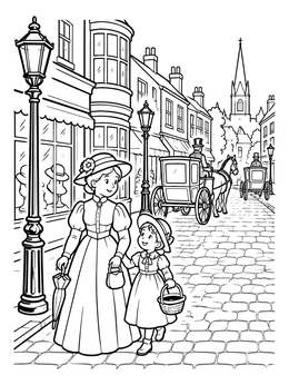 Free printable Victorian Street Stroll With Mother And Daughter coloring page