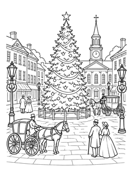 Carriages and townsfolk circle a tall tree in this christmas village coloring page.