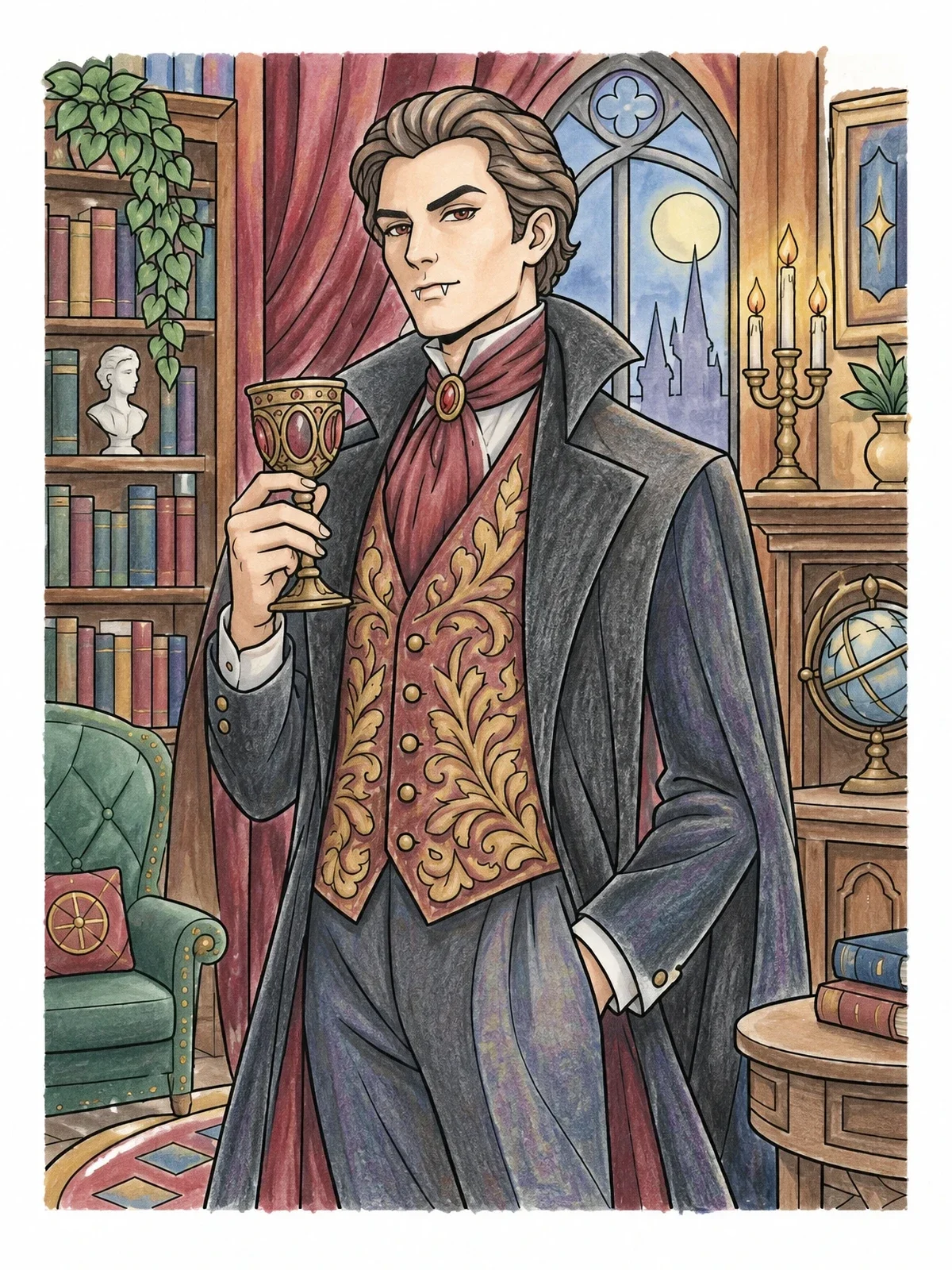 Colored example of the Victorian Vampire Gentleman In Study coloring page