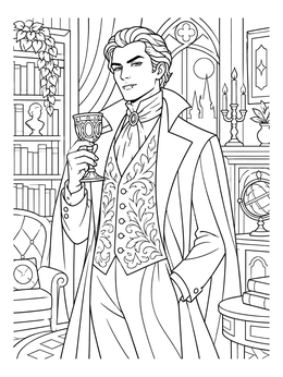 A dapper Victorian vampire coloring page showing an elegant count holding an ornate chalice in his library.