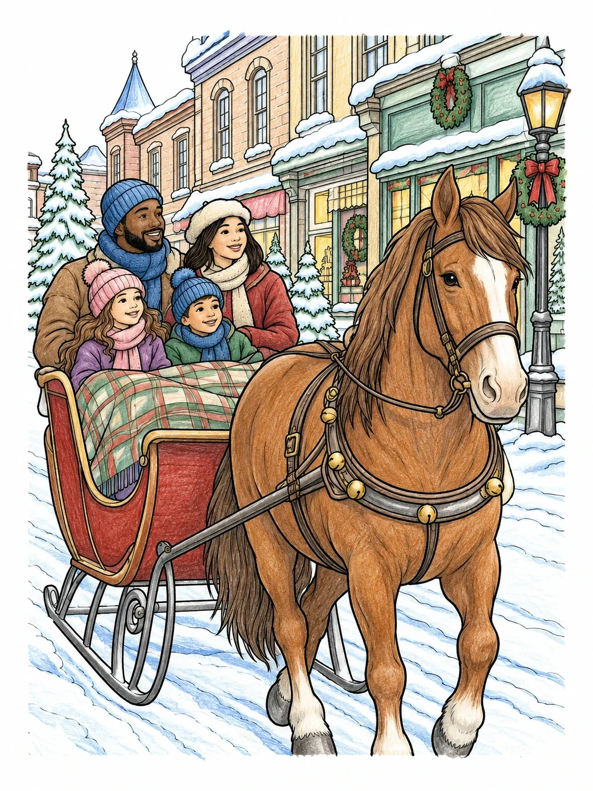 Colored example of the Winter Sleigh Ride In Town coloring page