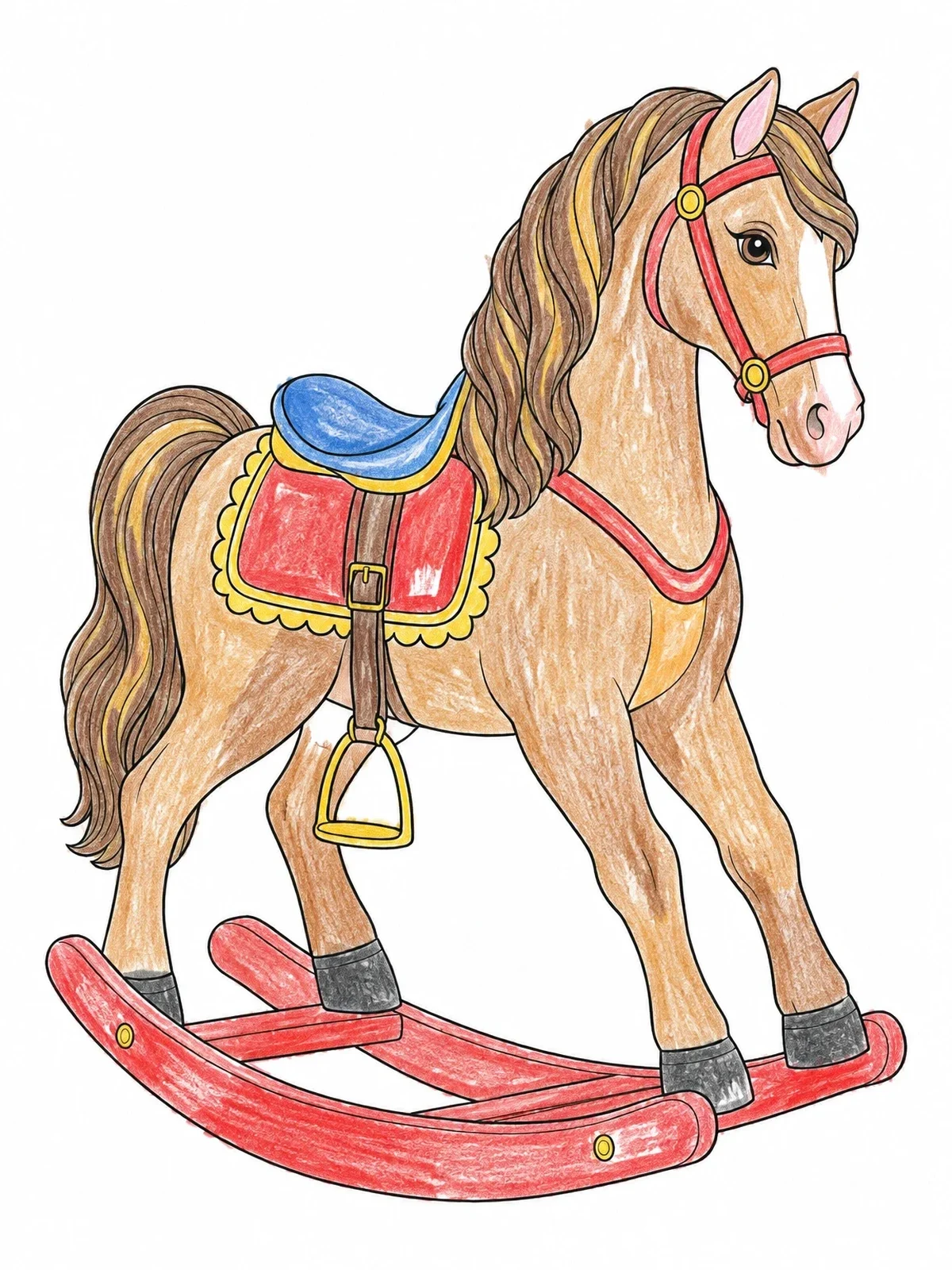 Colored example of the Vintage Victorian Rocking Horse coloring page