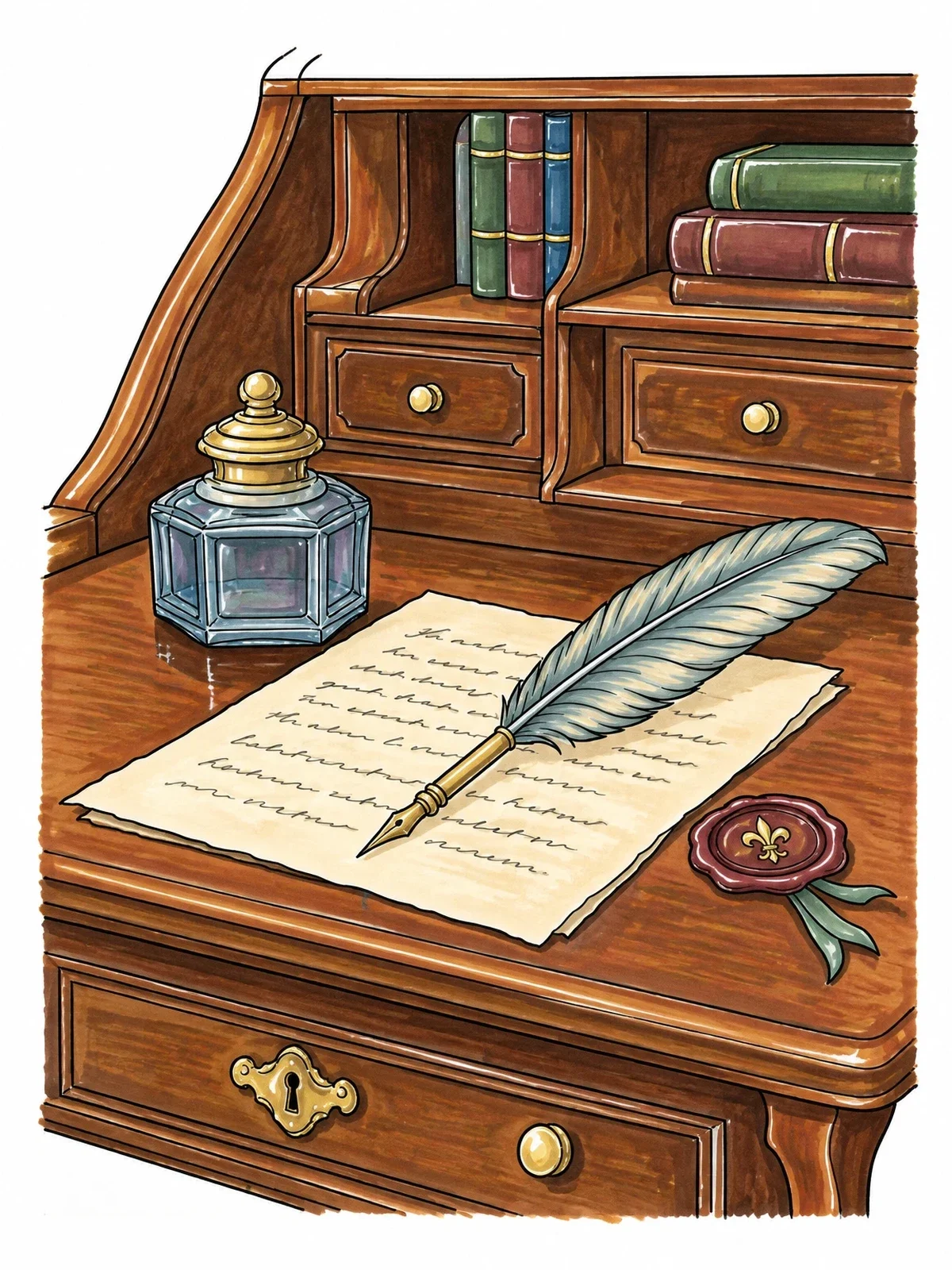 Colored example of the Victorian Writing Bureau With Quill coloring page