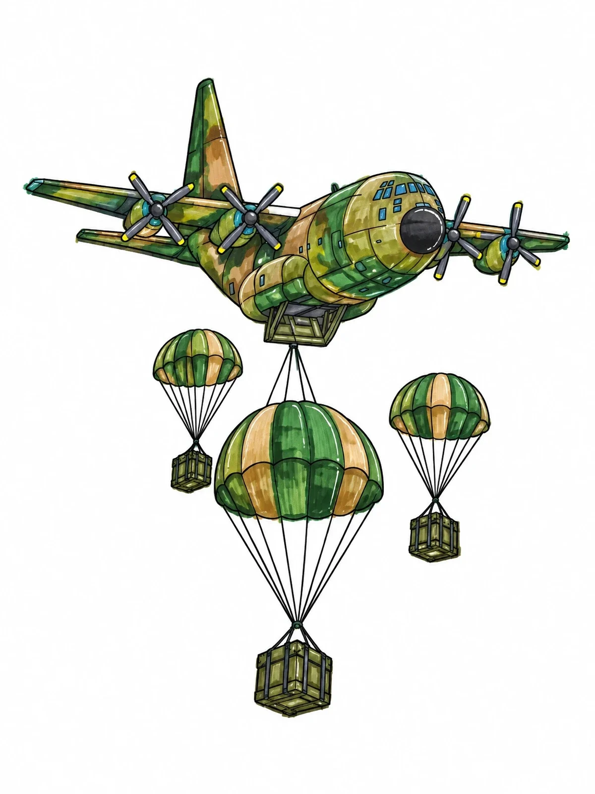 Colored example of the Cargo Plane Air Dropping Supply Crates coloring page