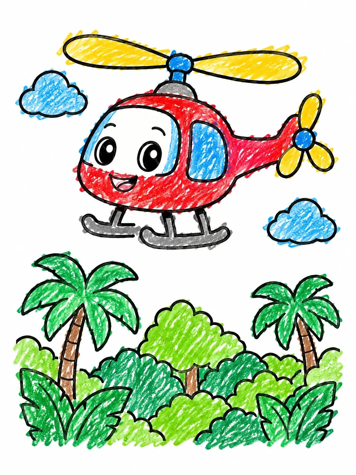 Colored example of the Cute Helicopter Flying Over Jungle coloring page