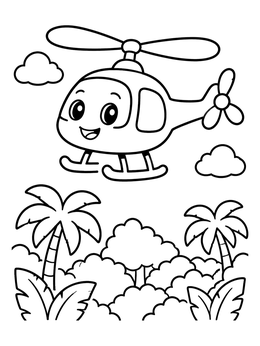 Free printable Cute Helicopter Flying Over Jungle coloring page