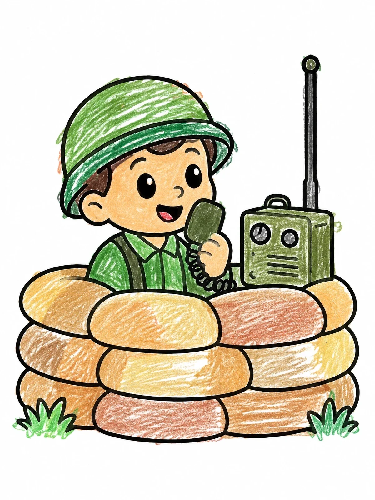 Colored example of the Cute Soldier Using Radio In Bunker coloring page