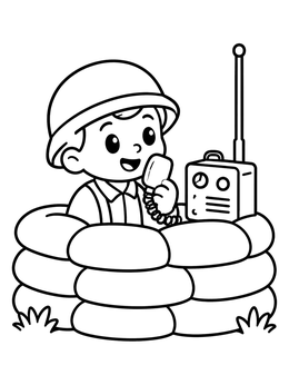 Free printable Cute Soldier Using Radio In Bunker coloring page
