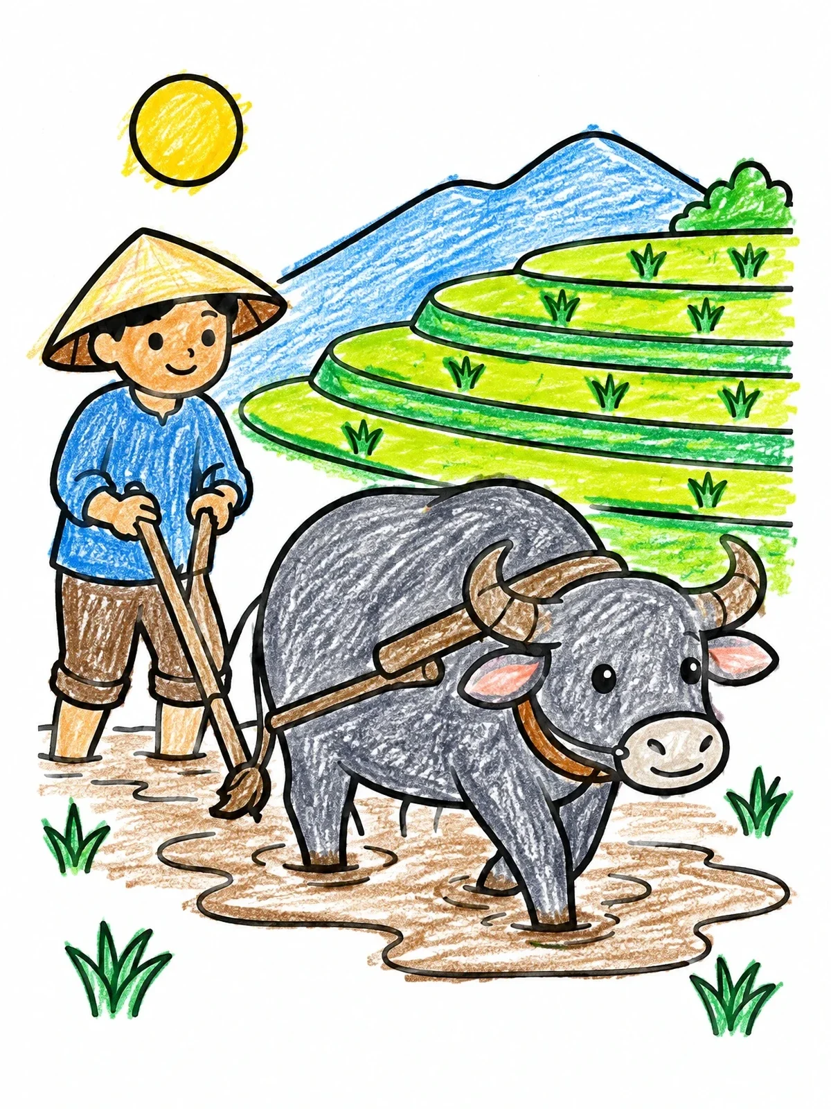 Colored example of the Farmer With Water Buffalo In Rice Terraces coloring page