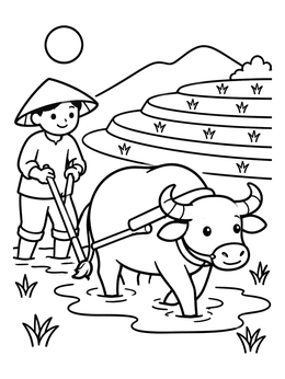 Free printable Farmer With Water Buffalo In Rice Terraces coloring page