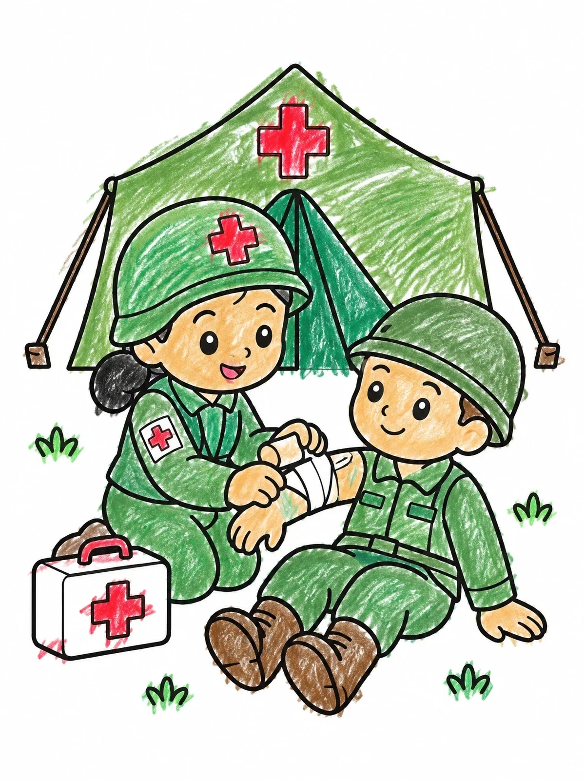 Colored example of the Field Medic Bandaging A Soldier coloring page