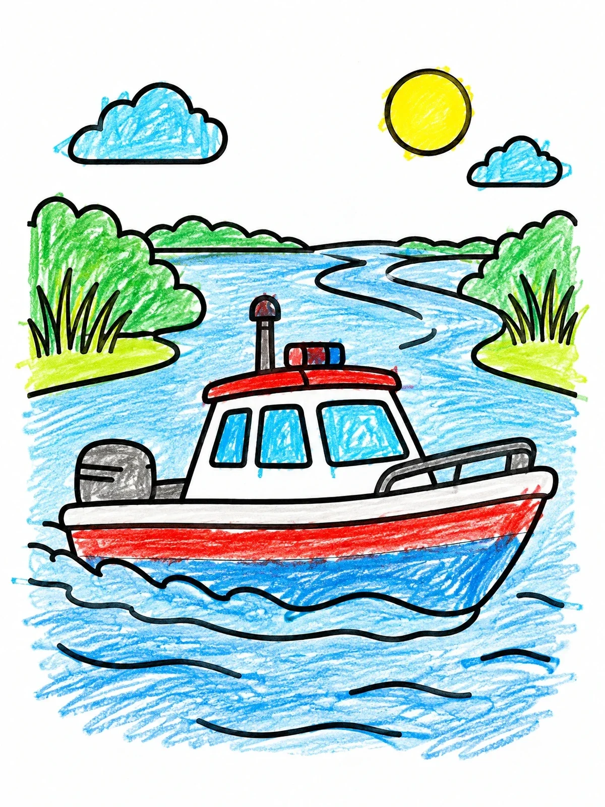 Colored example of the Little Patrol Boat On The River coloring page