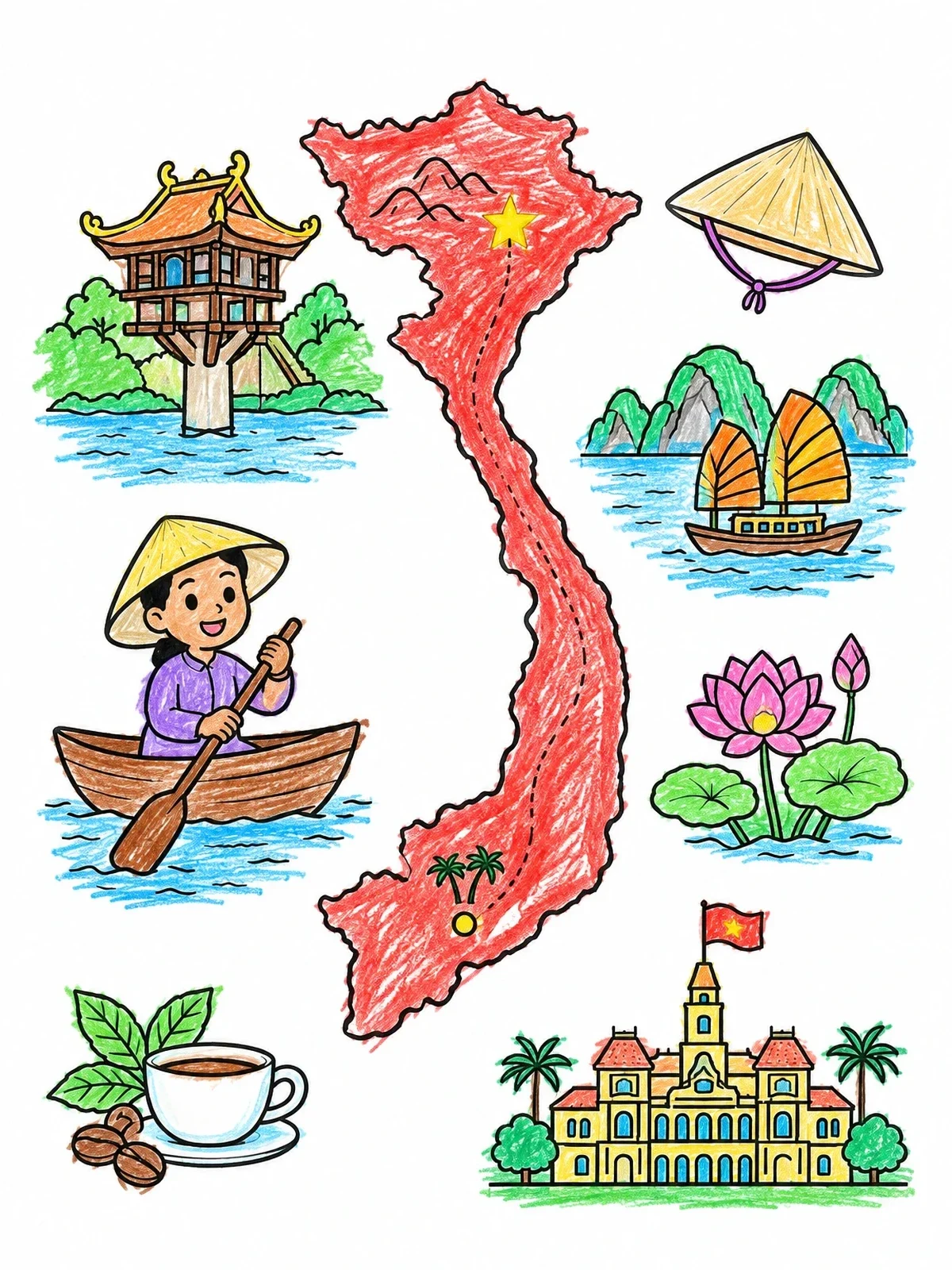 Colored example of the Vietnam Map And Cultural Landmarks coloring page