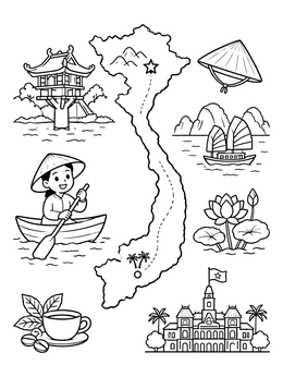 Free printable Vietnam Map And Cultural Landmarks coloring page