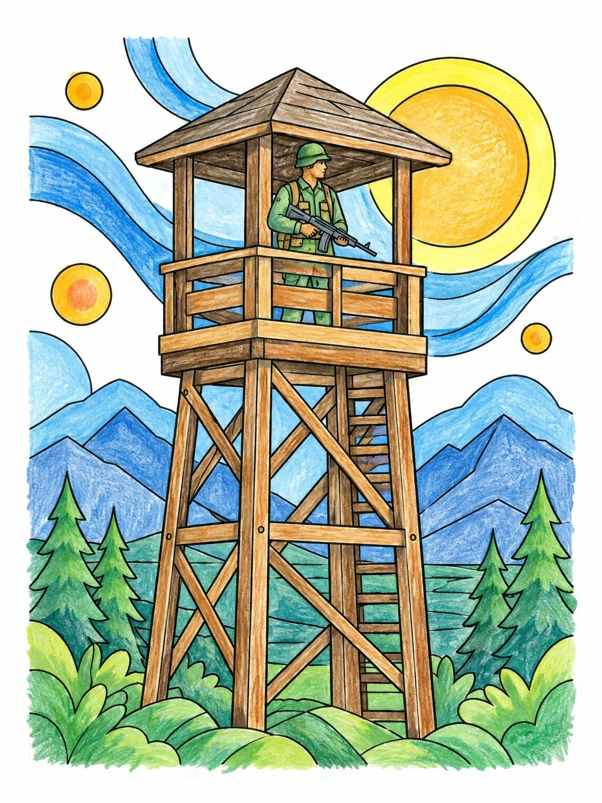 Colored example of the Soldier On Wooden Watchtower coloring page