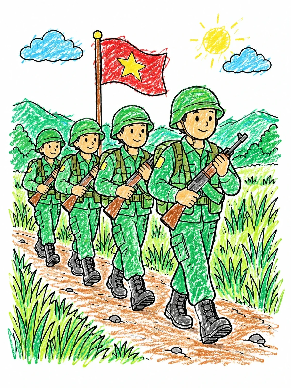 Colored example of the Soldiers Marching On A Trail coloring page