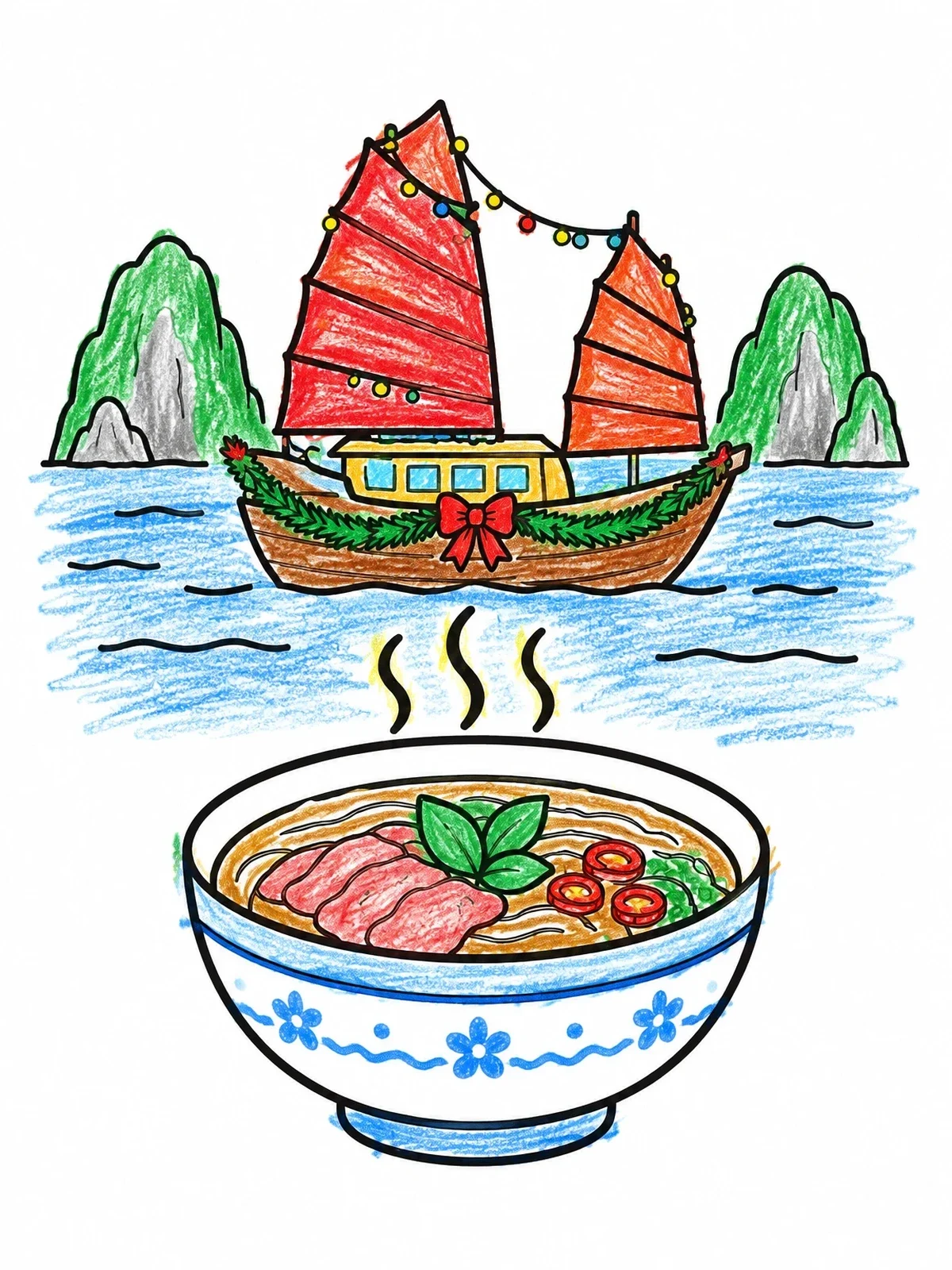 Colored example of the Pho Bowl And Halong Bay Boat coloring page