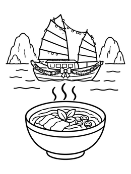 Free printable Pho Bowl And Halong Bay Boat coloring page
