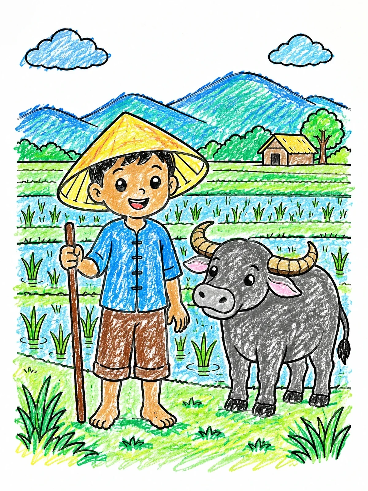 Colored example of the Vietnamese Boy With Water Buffalo coloring page