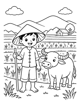 Free printable Vietnamese Boy With Water Buffalo coloring page