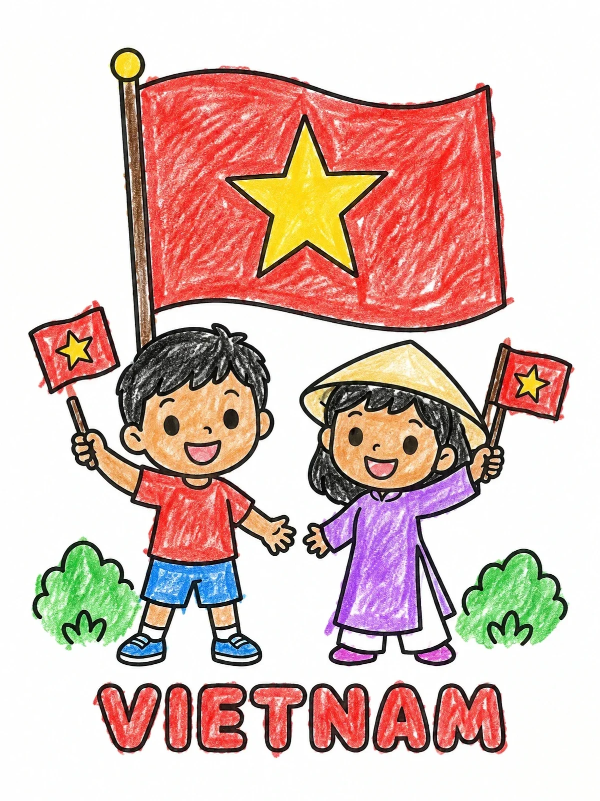 Colored example of the Vietnamese Children Celebrating With Flags coloring page
