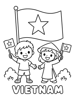Free printable Vietnamese Children Celebrating With Flags coloring page