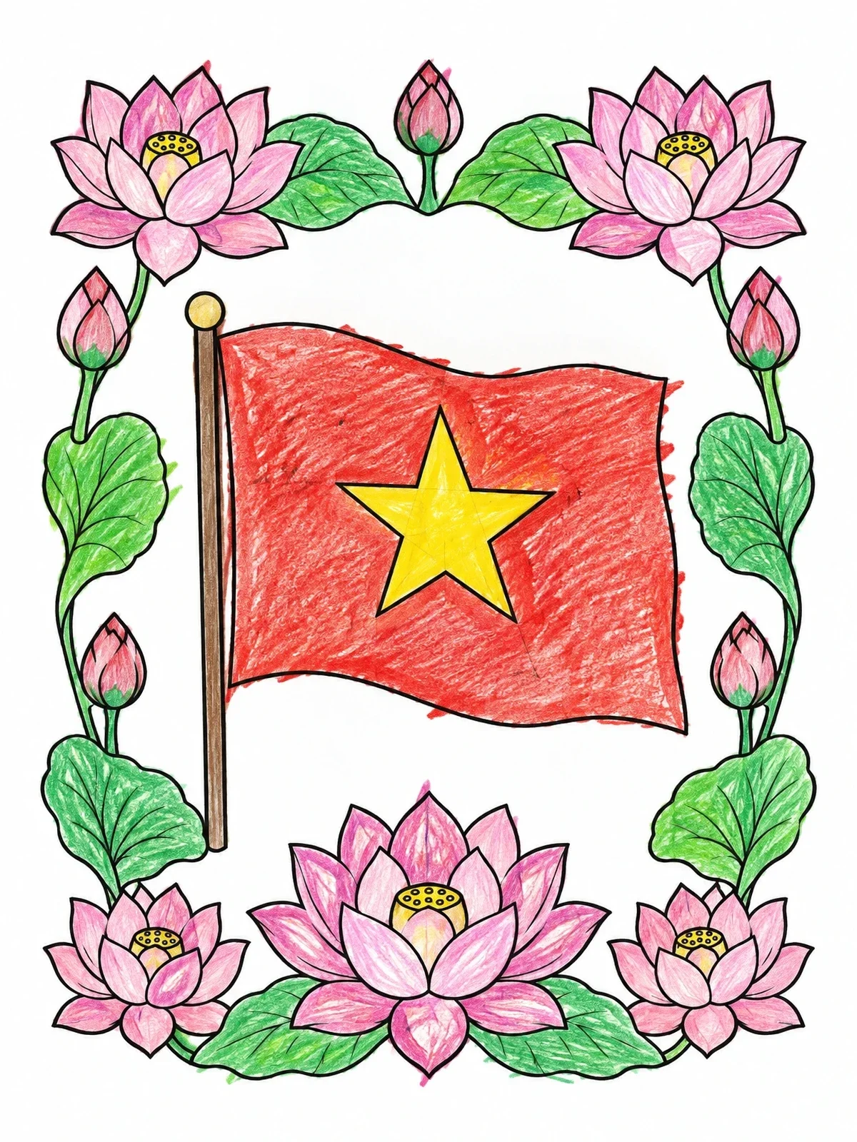 Colored example of the Vietnamese Flag In Lotus Border coloring page