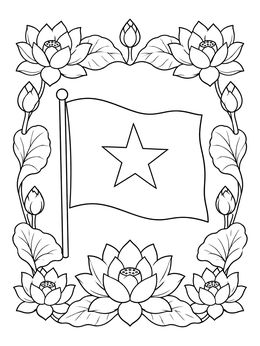 Free printable Vietnamese Flag In Lotus Border coloring page