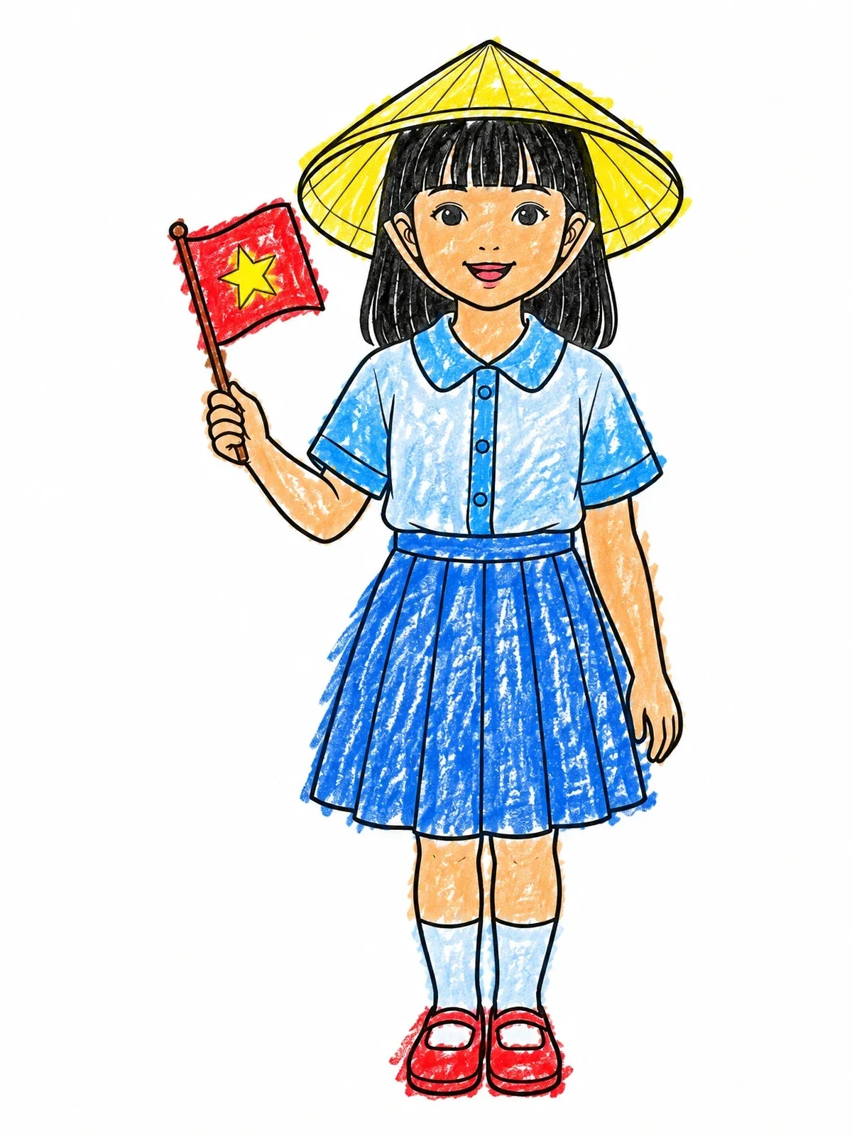 Colored example of the Vietnamese Schoolgirl With Flag And Hat coloring page