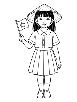 Free printable Vietnamese Schoolgirl With Flag And Hat coloring page
