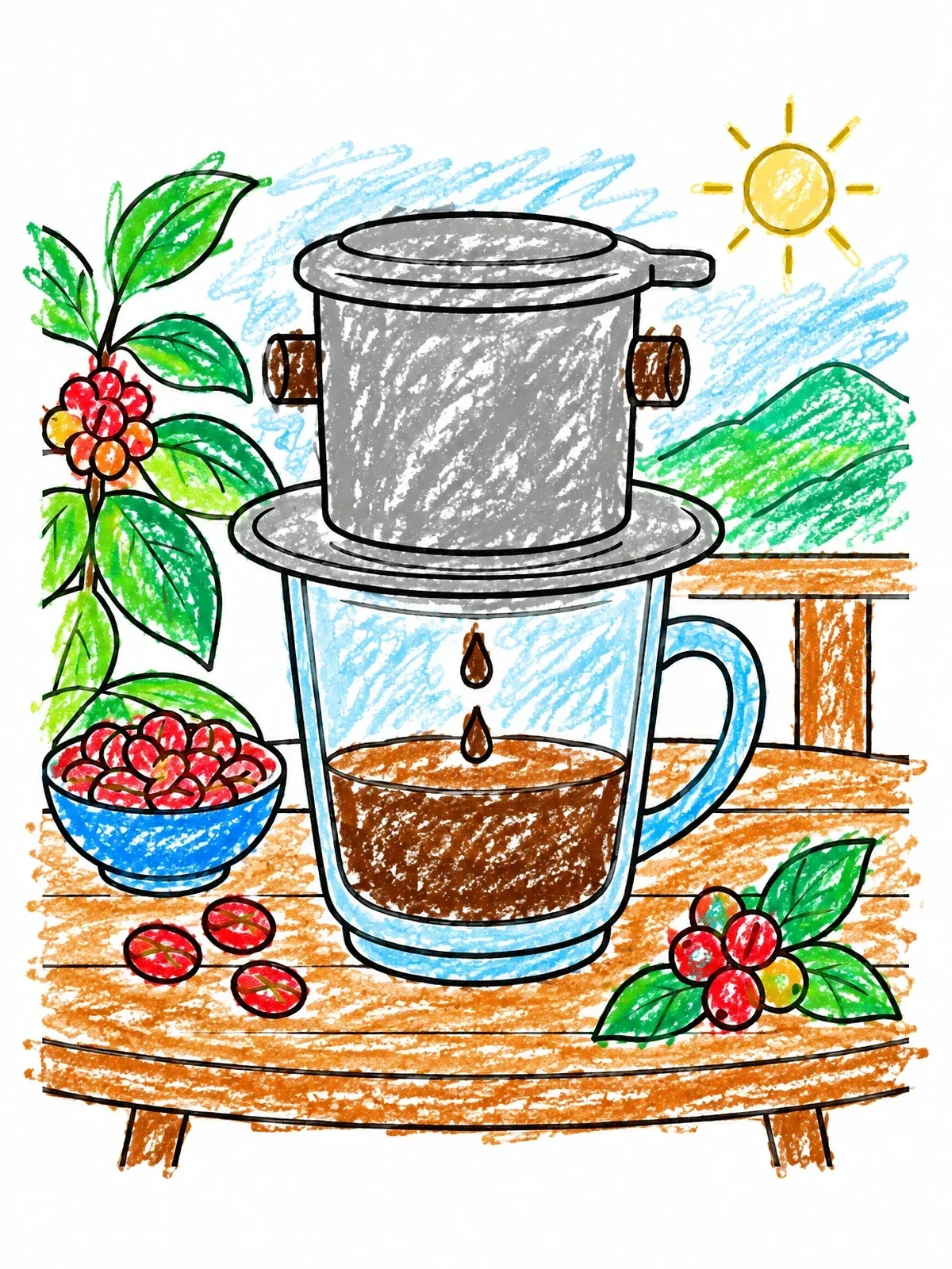 Colored example of the Vietnamese Phin Coffee On Table coloring page