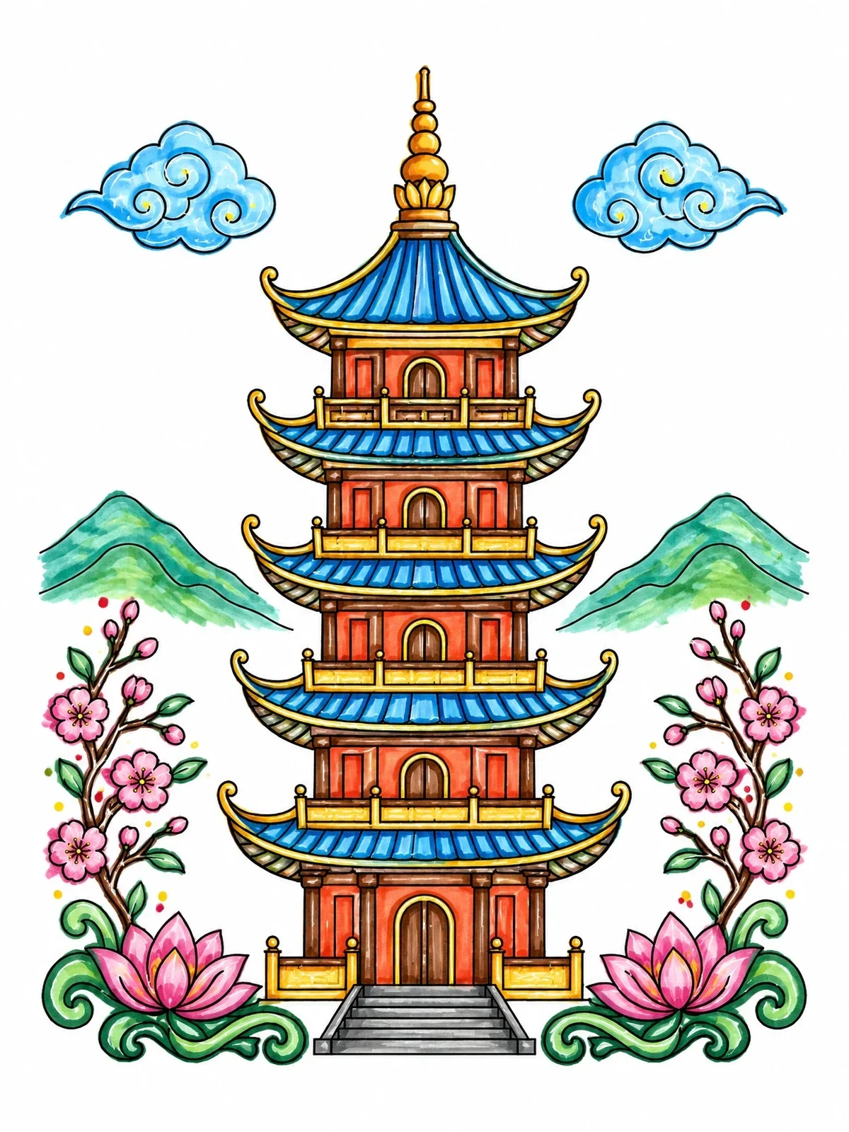 Colored example of the Traditional Tiered Pagoda Tower coloring page