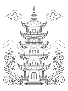 Free printable Traditional Tiered Pagoda Tower coloring page