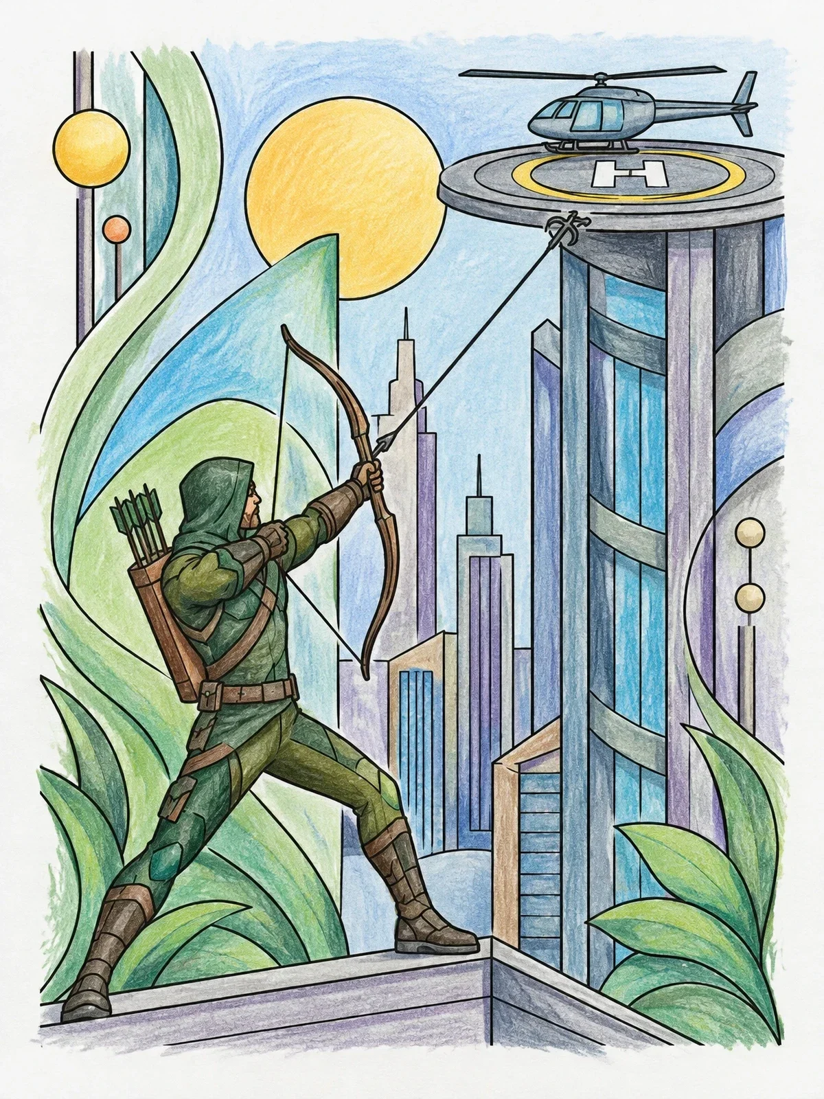 Colored example of the Vigilante Archer With Grappling Arrow coloring page