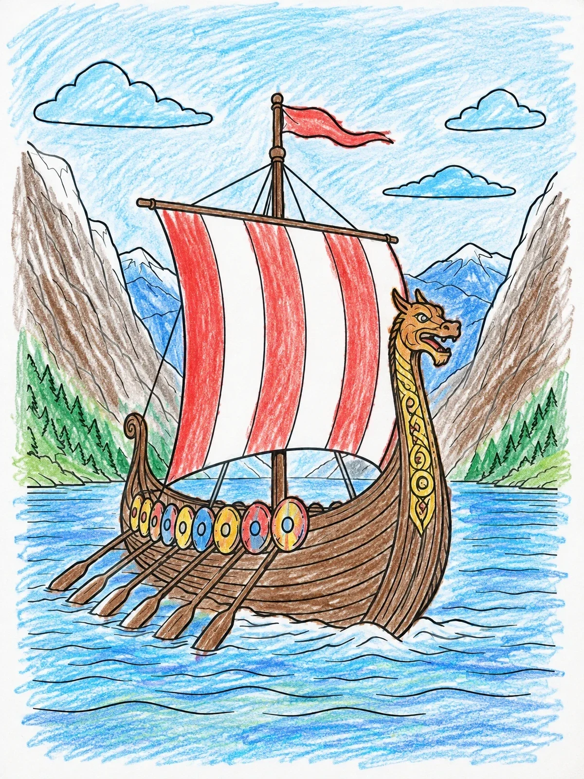 Colored example of the Viking Longship In Mountain Fjord coloring page