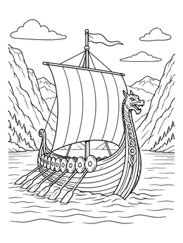 Free printable Viking Longship In Mountain Fjord coloring page