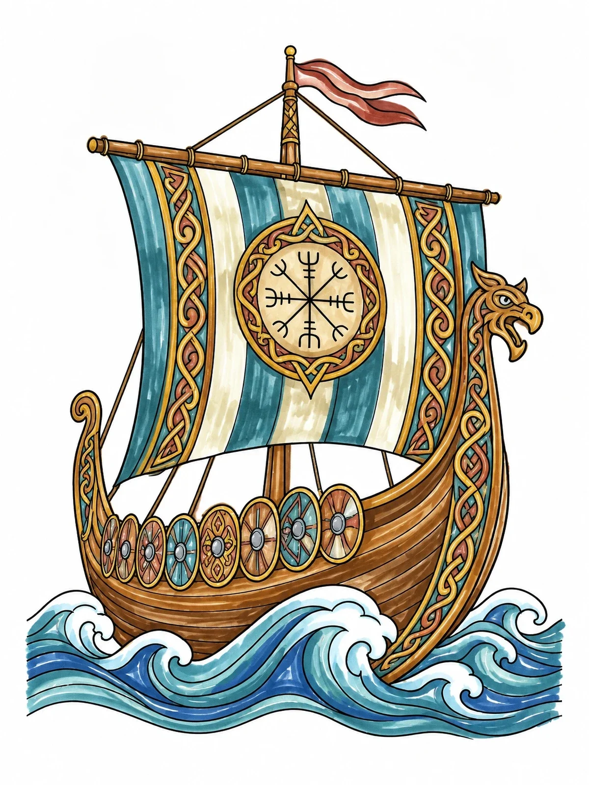 Colored example of the Viking Longship On Ocean Waves coloring page