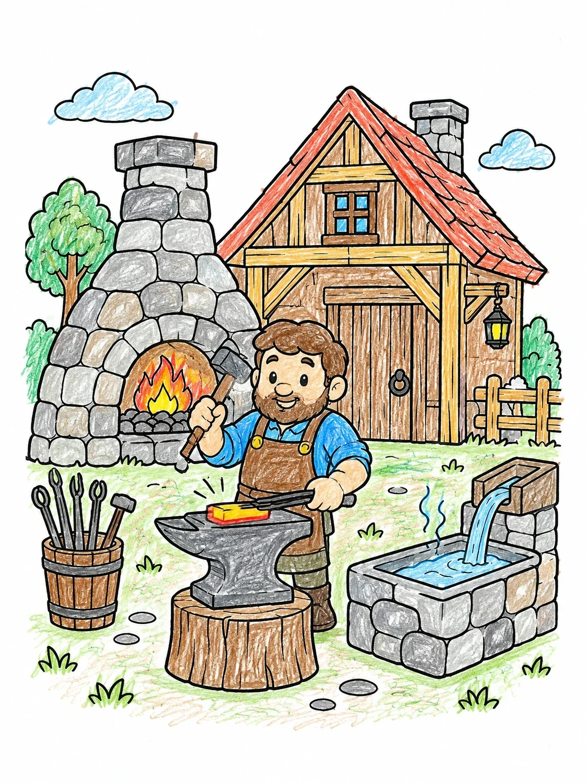 Colored example of the Friendly Village Blacksmith At Work coloring page
