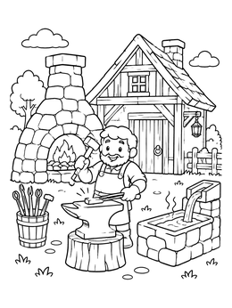 Free printable Friendly Village Blacksmith At Work coloring page