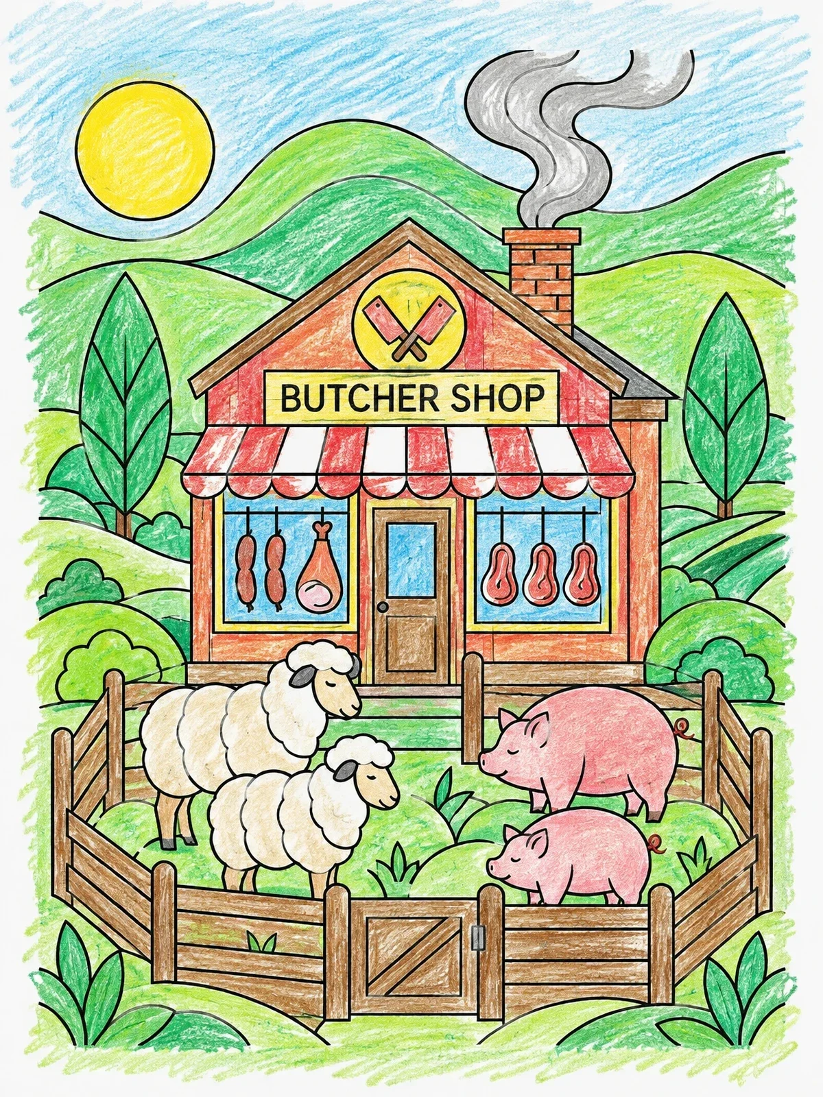 Colored example of the Village Butcher Shop With Animals coloring page