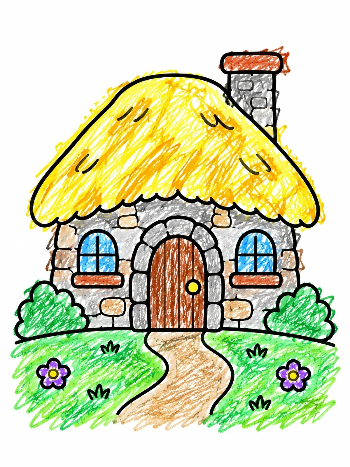 Colored example of the Cozy Thatched Stone Cottage coloring page