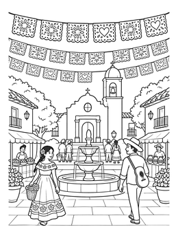 A lively town square with papel picado and a fountain in this fiesta coloring page.