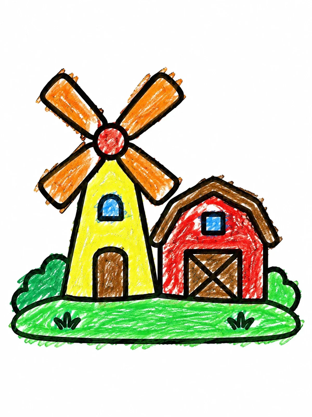 Colored example of the Windmill And Barn On A Hill coloring page