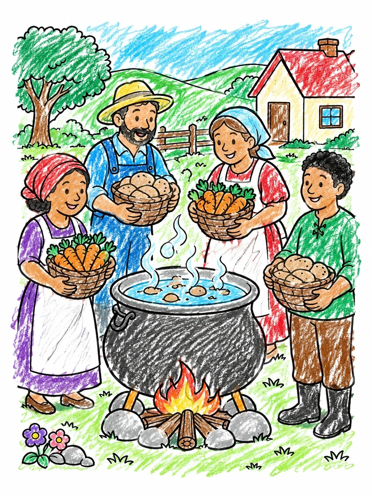Colored example of the Villagers Cooking Stone Soup Outdoors coloring page